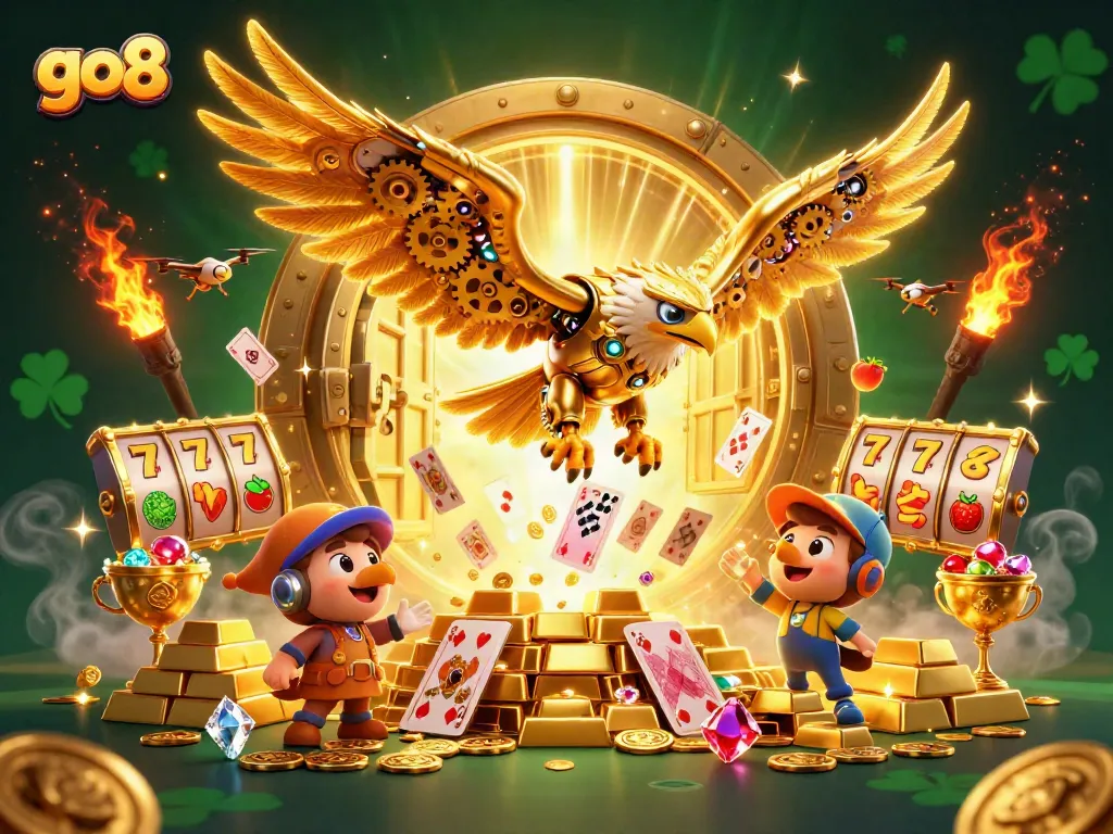 Go8 captures thrilling slots action with a golden eagle amidst holographic playing cards.