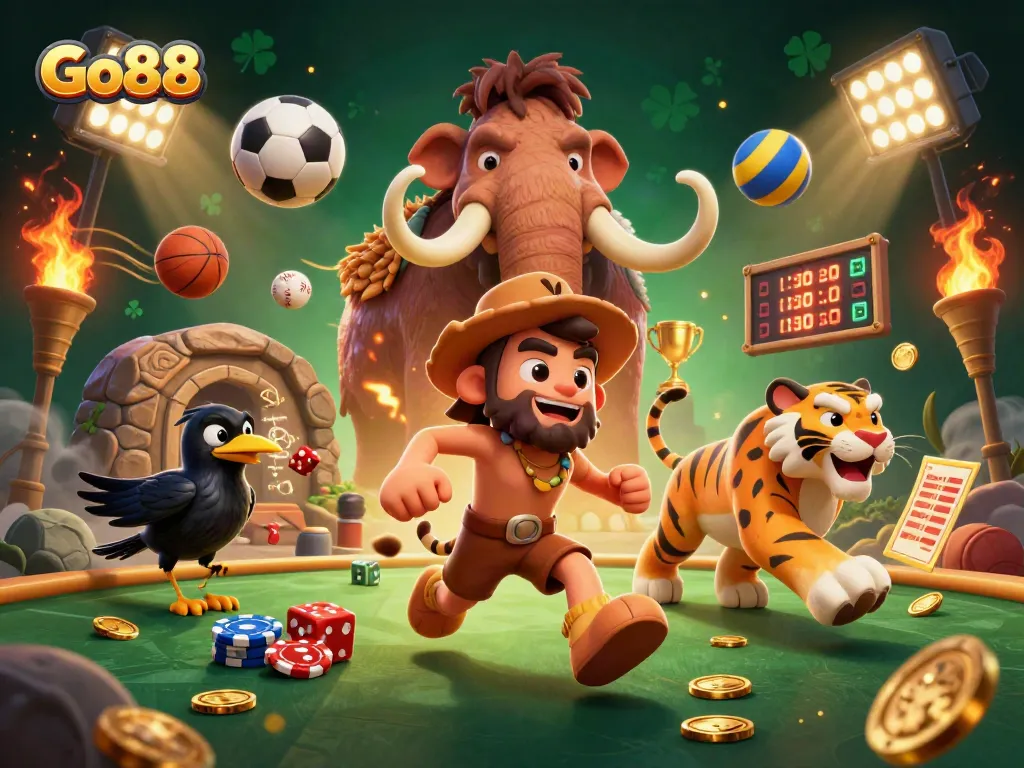 Experience the thrill of Go88 in this vibrant prehistoric casino scene filled with animated gambling elements.
