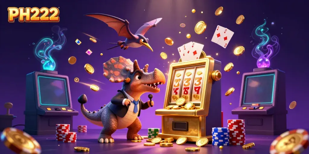 PH222 casino scene with cartoon dinosaurs and a slot machine pouring out coins in a dynamic illustration.