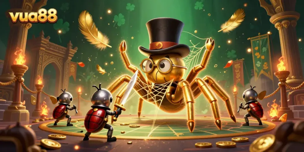 Experience thrilling gameplay at vua88 with a golden tarantula and beetle knight amid vibrant casino elements.