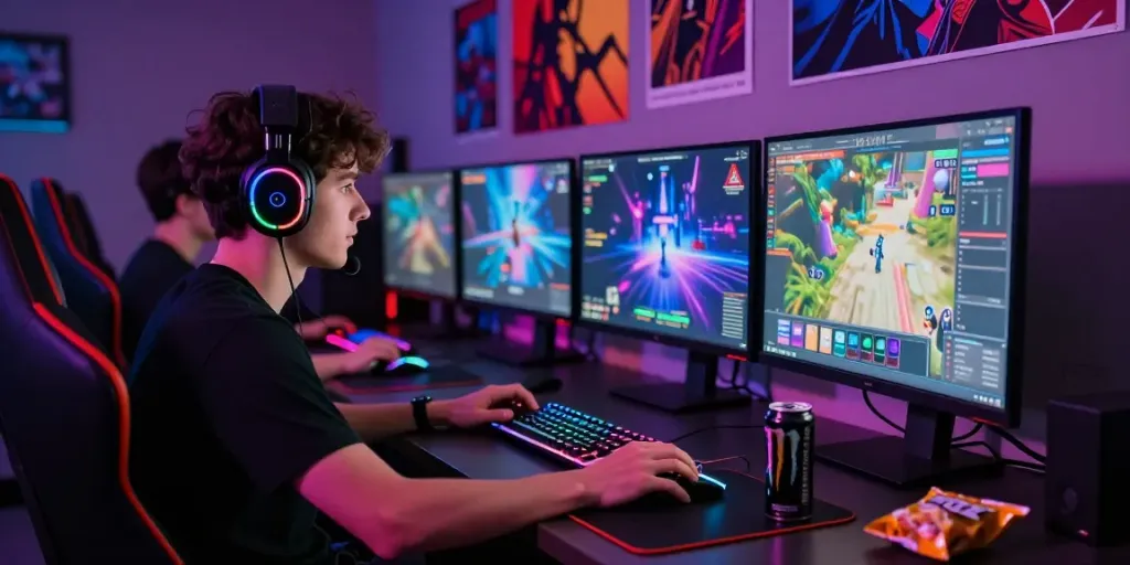 The gamer intensely immersed in a session, vibrant setup highlighting the pecah 404 gaming experience.
