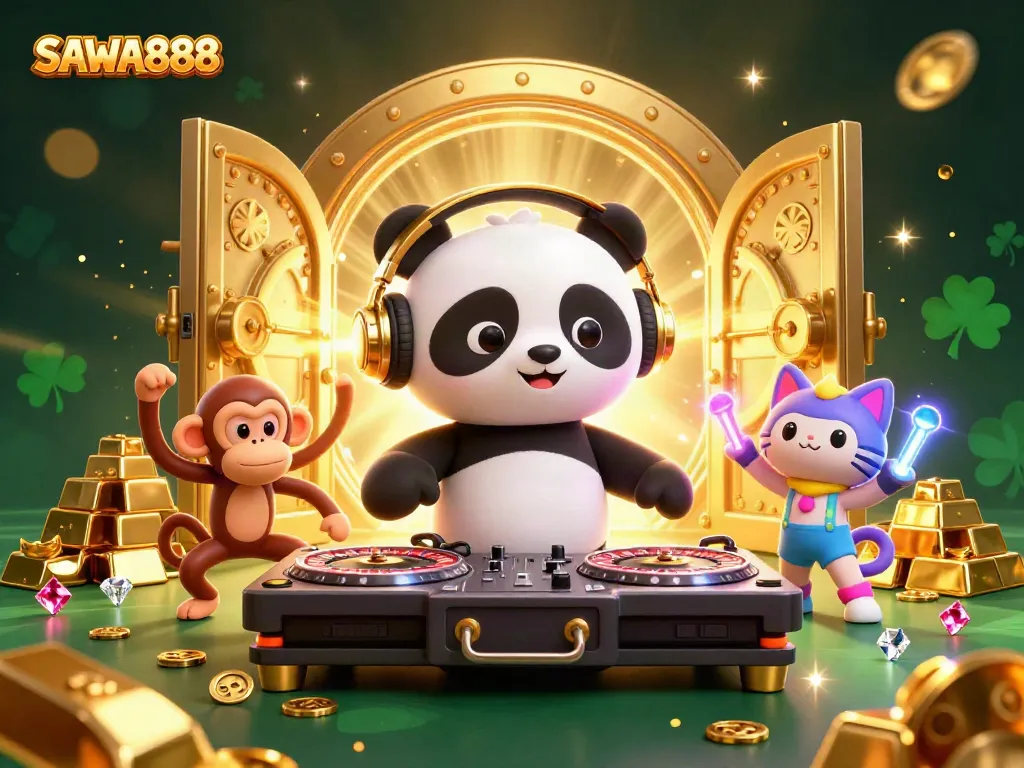 Engage with SAWA888's thrilling casino adventure featuring vibrant 3D character illustrations.