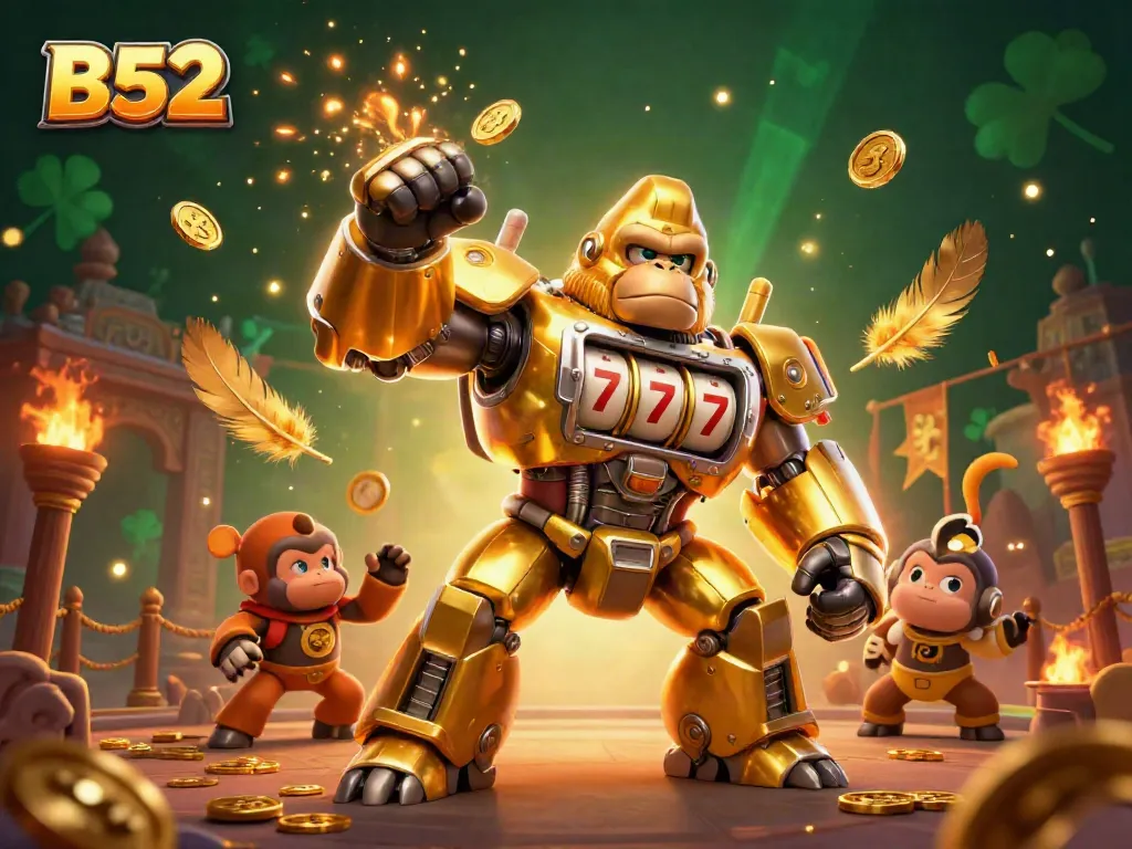 Experience B52 action with a dynamic scene featuring a golden gorilla mech, slot machine elements, and vibrant casino atmosphere.