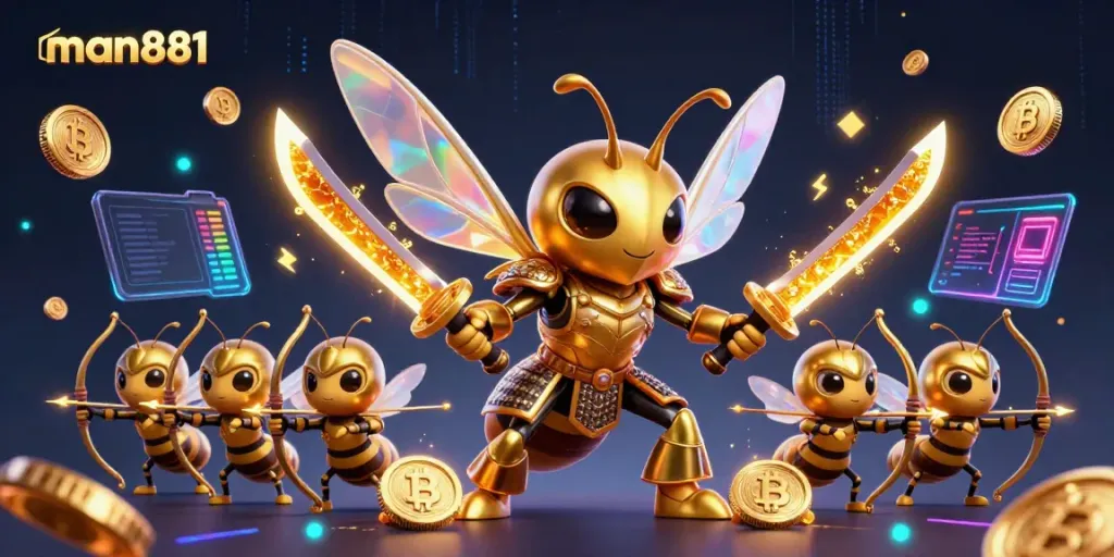 Experience wins at man881 with a dynamic scene featuring a golden hornet samurai and crypto elements.