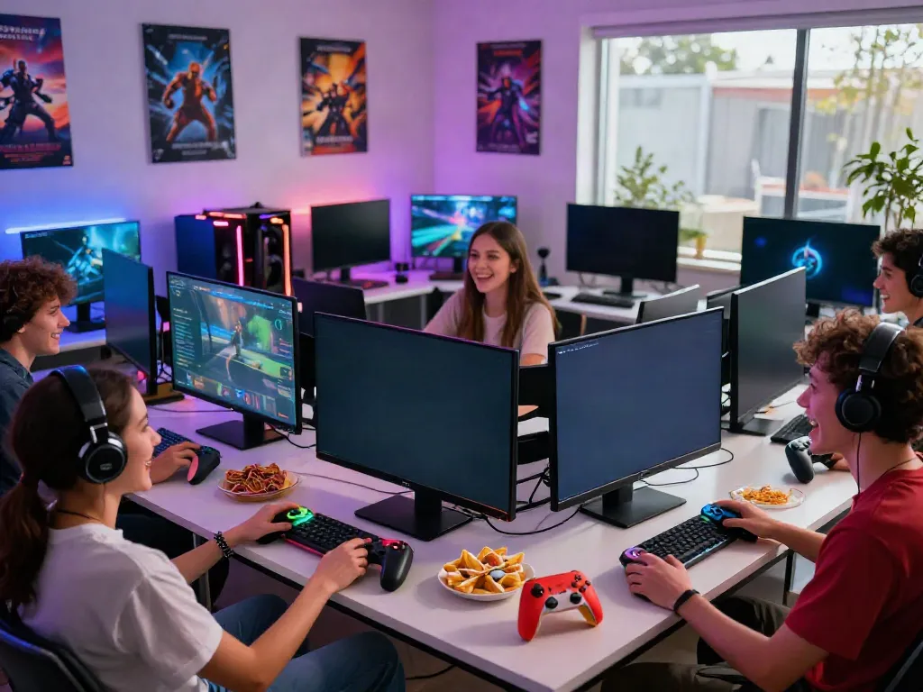 Engaged friends playing games together at home while enjoying snacks, creating a lively atmosphere with kilat404 gaming experience.