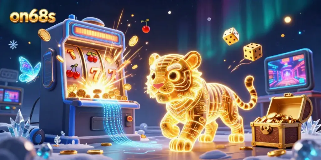 Experience excitement at on68s with a vibrant casino illustration of a golden tiger amidst jackpots.