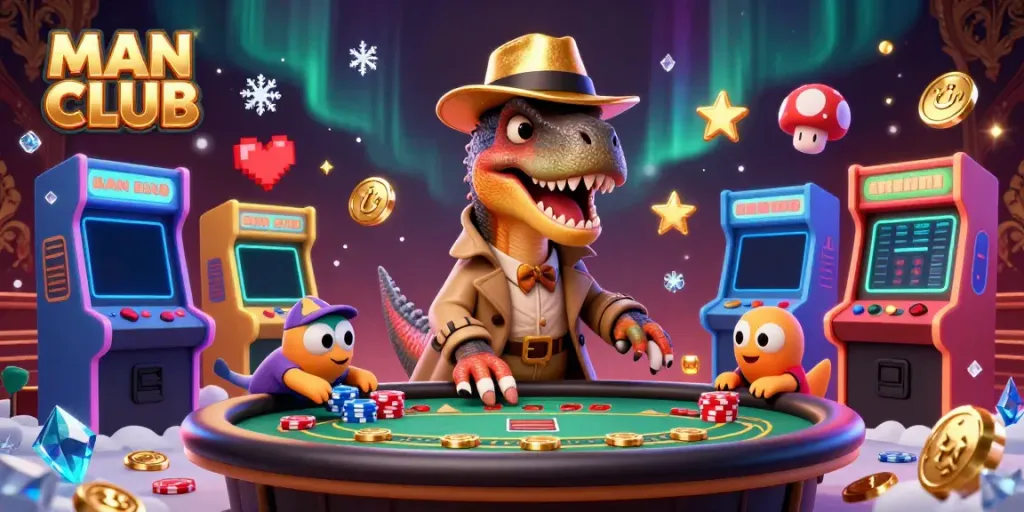 Engage with MAN CLUB activities featuring a velociraptor card counter and stegosaurus pit boss in a vibrant casino scene.