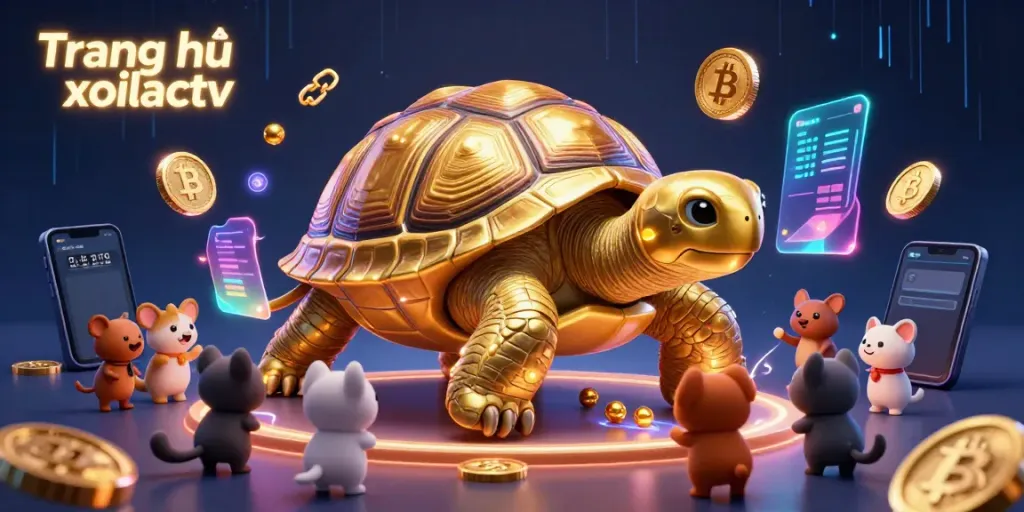 Experience the excitement of Trang chủ xoilactv with a vibrant scene showcasing a pinball machine tortoise amidst cryptocurrency elements and energetic surroundings.