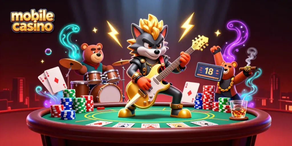 Experience the excitement of a mobile casino with a rock star wolf and drummer bear on stage.