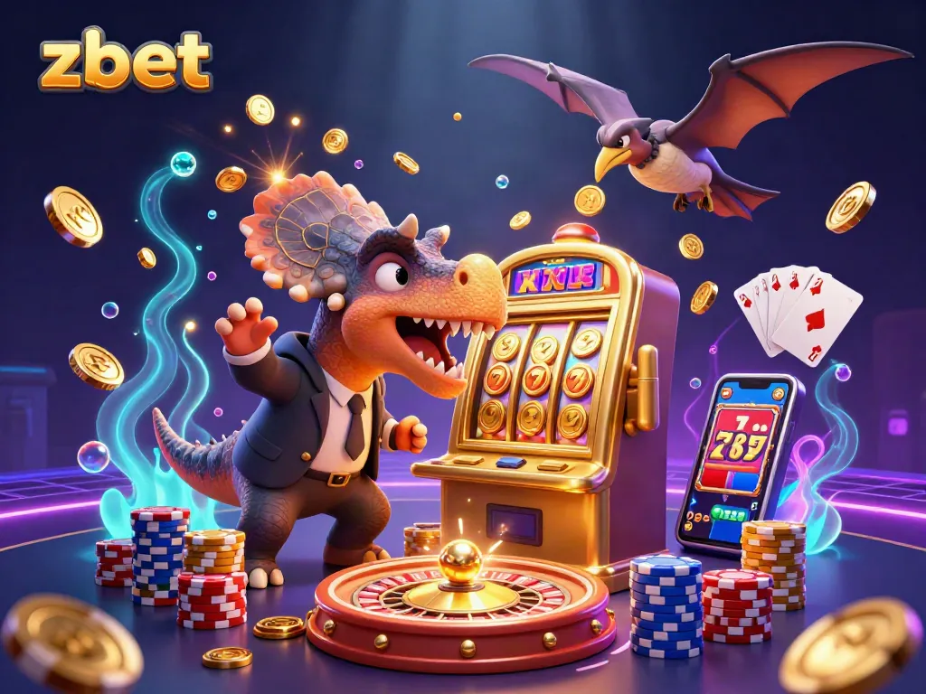 zbet illustrates a cartoon dinosaur hitting a slot machine to earn jackpot coins in a dazzling casino scene