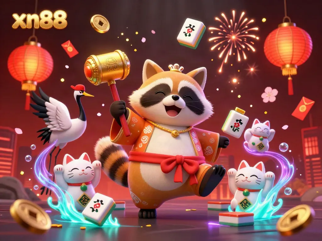 Engage with xn88's vibrant casino world through this colorful illustration of a joyous tanuki and lucky cats amid festive elements.