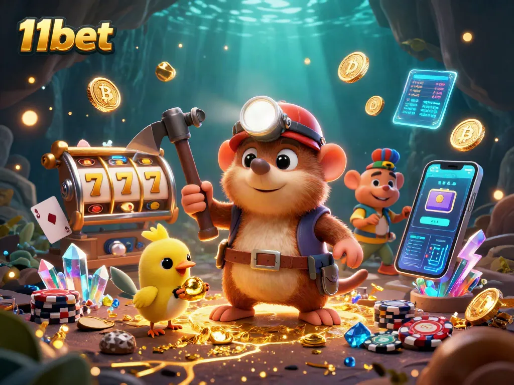 Engage with 11bet's thrilling casino adventures featuring colorful slot reels and a playful treasure hunter.