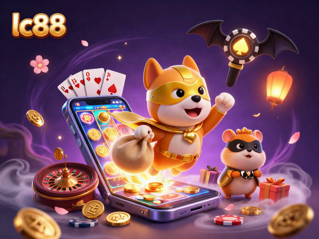 lc88 showcases a vibrant scene with a superhero dog and hamster in a casino-themed adventure.