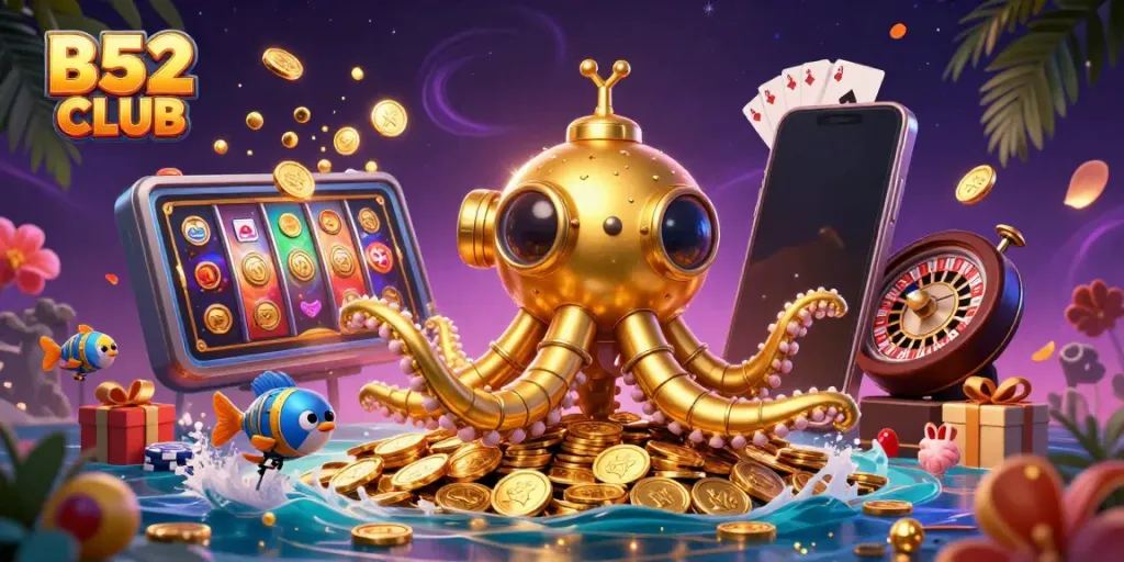 Experience the thrilling world of B52 CLUB with a vibrant 3D illustration showcasing games, golden coins, and entertainment.