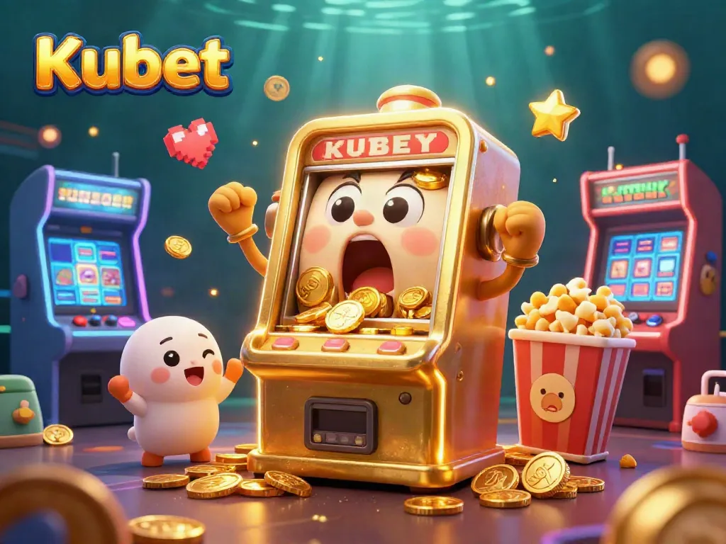 Kubet slot machine celebrates a jackpot win amidst vibrant casino elements, showcasing animated excitement.