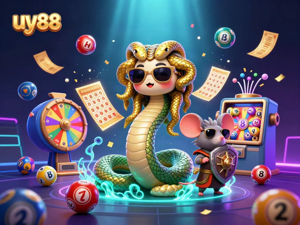 Play exciting games at uy88 with a vibrant atmosphere featuring animated characters and dynamic lottery elements.