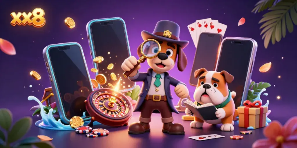 Engage with xx8 casino adventure through a detective-themed illustration showcasing vibrant game elements.