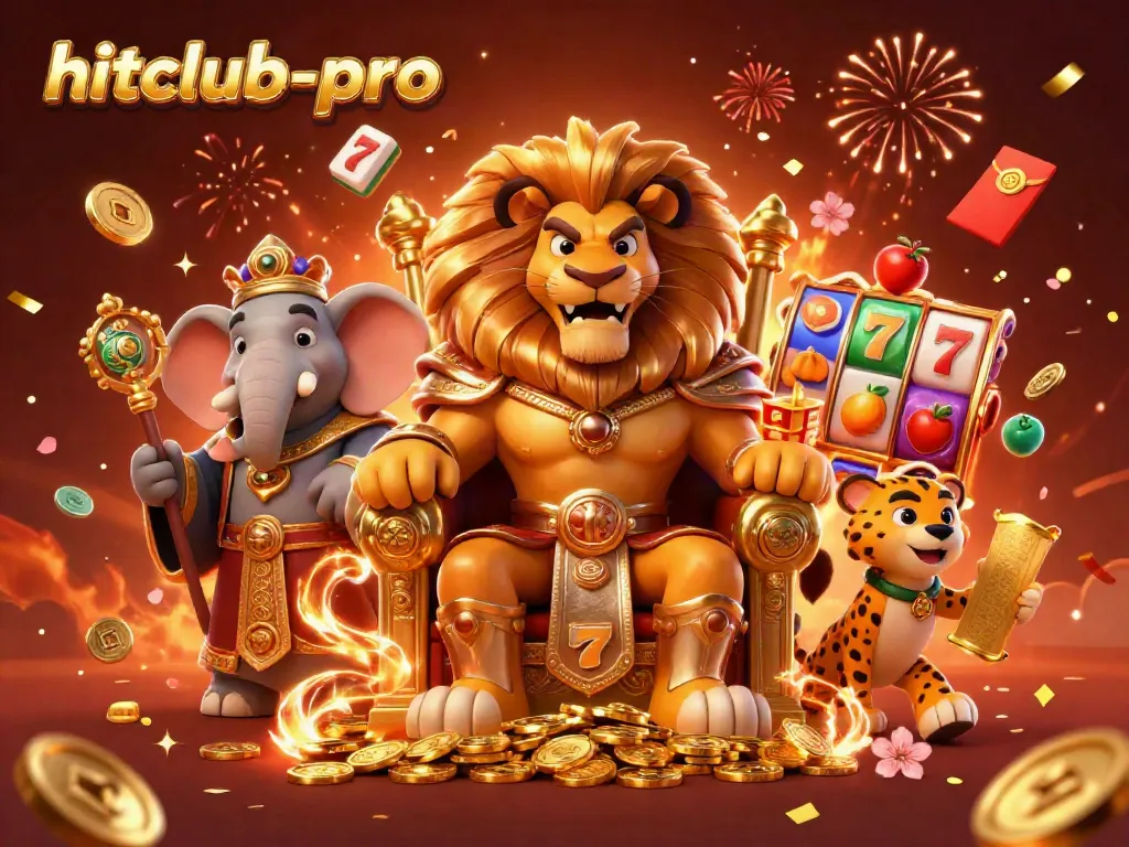 Engage with the hitclub-pro casino adventure featuring a lion king, elephants, and cheetahs amidst dynamic slot games.