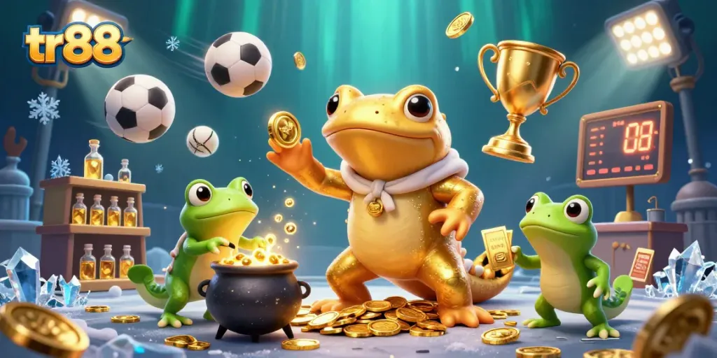 Bet on sports with tr88 in a magical alchemist scene filled with golden coins and trophies.