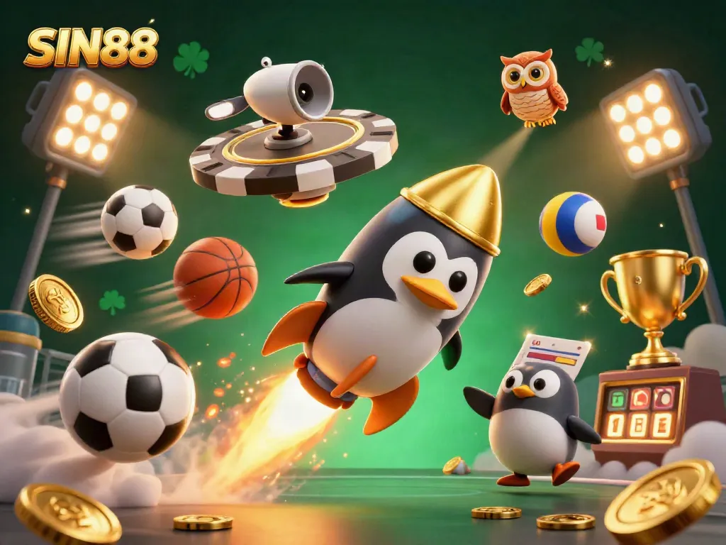 SIN88 showcases a golden penguin racing towards a poker chip casino in a vibrant game-themed illustration.