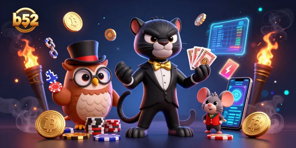 Engage in thrilling b52 games with cartoon characters enjoying casino action in a vibrant scene.