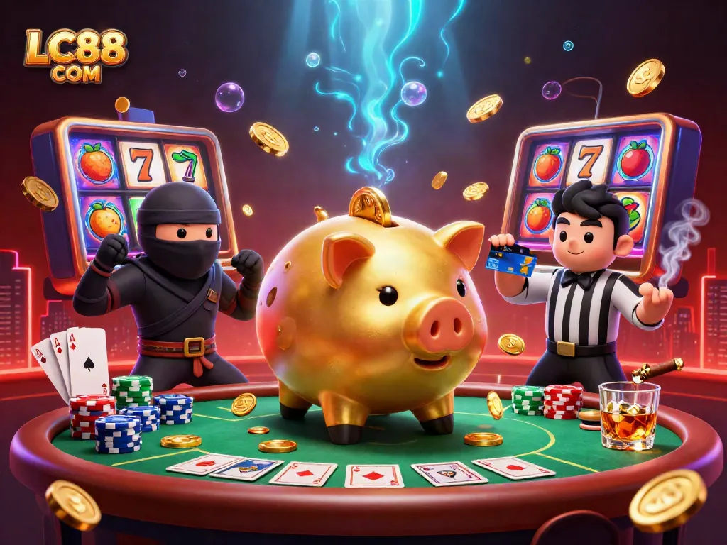 Engage with LC88 COM's vibrant casino scene featuring a golden piggy bank wrestler and colorful slots.