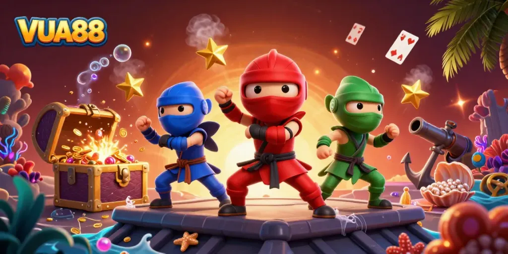 Engage in thrilling online gaming action with VUA88’s vibrant casino illustration featuring chameleons and treasures.