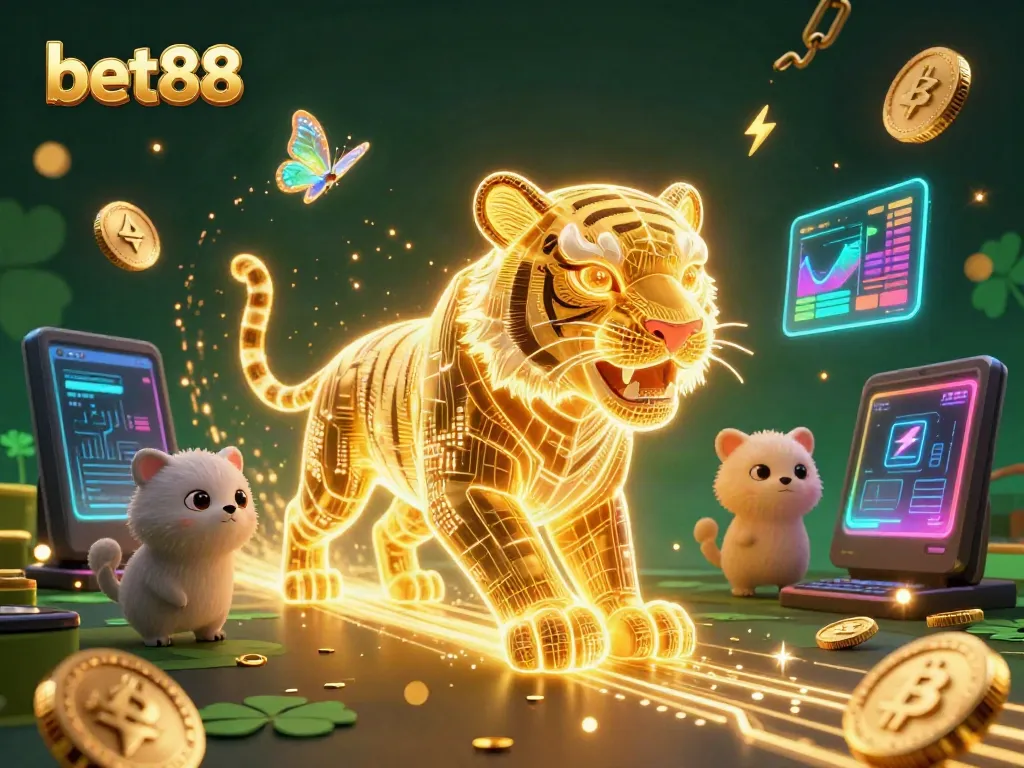 Experience the excitement of bet88 with a radiant golden tiger and digital casino elements.