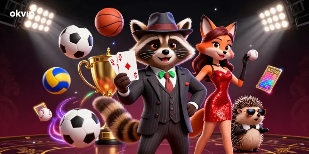 Experience thrilling gaming action with okvip's dynamic scene featuring a raccoon and friends in a casino.