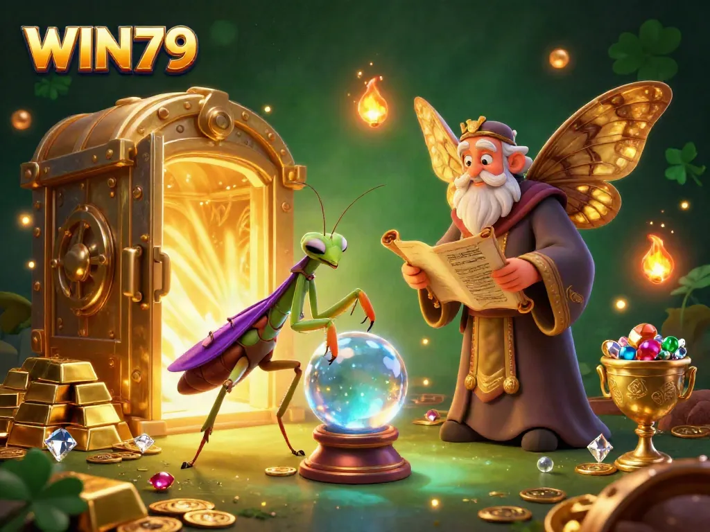 Engage in thrilling gameplay with WIN79, featuring a 3D cartoon fortune teller, treasures, and mystical elements.