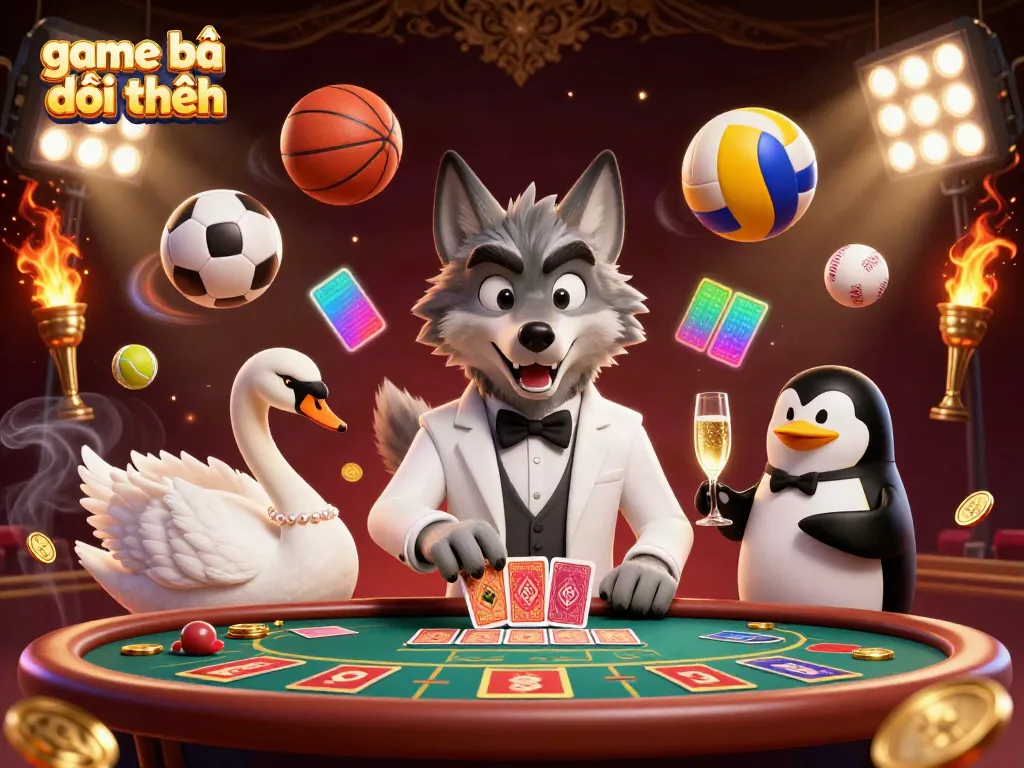 Engage in exciting game bài đổi thưởng with a charismatic wolf at baccarat, a swan dealer, and a penguin sommelier.
