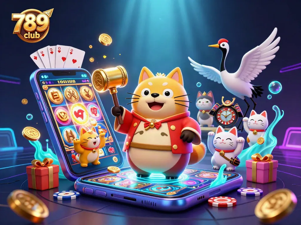 Engage with 789club's gaming world as cheerful characters invite luck with vibrant casino elements.