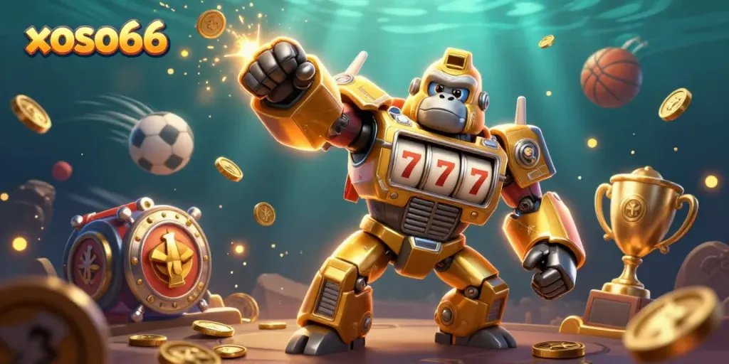 Join the exciting action at xoso66 as the golden gorilla mech celebrates a big win in this vibrant 3D illustration.