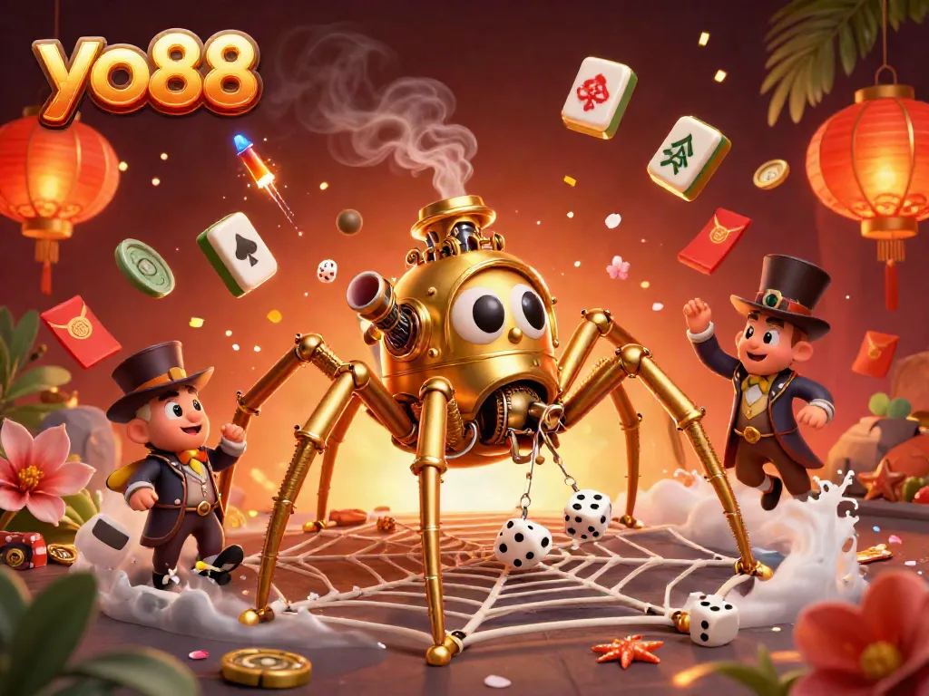 Experience the thrill of yo88 with a steampunk spider catching dice in a vibrant casino scene.