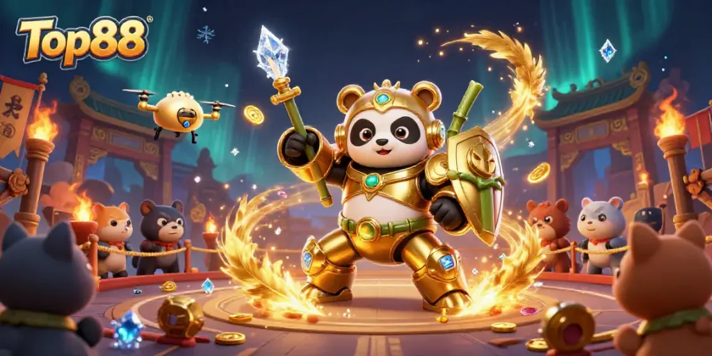 Experience Top88 in an action-packed arena with a golden panda and dynamic casino elements.