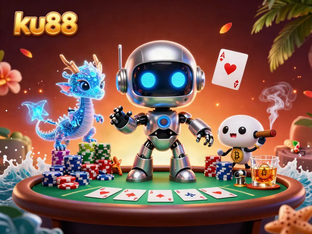 Experience thrilling poker action with ku88's vibrant 3D digital illustration featuring characters and game elements.