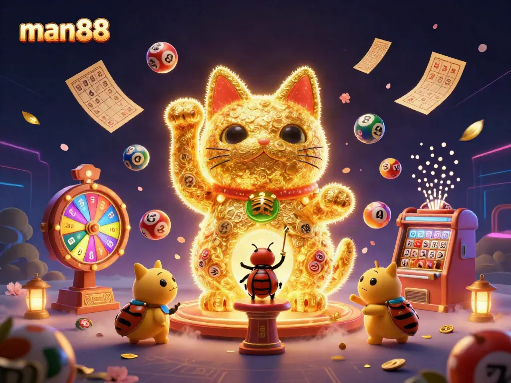 Experience man88 as golden fireflies create a lucky cat amidst colorful casino elements.