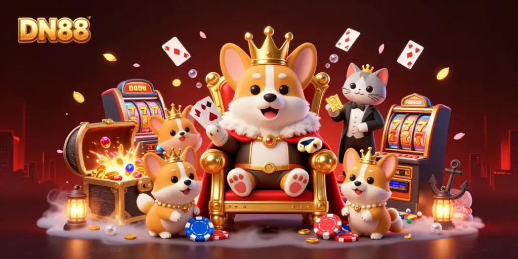 Experience exciting gameplay at DN88 with a royal corgi on a throne of poker chips, surrounded by vibrant casino elements.
