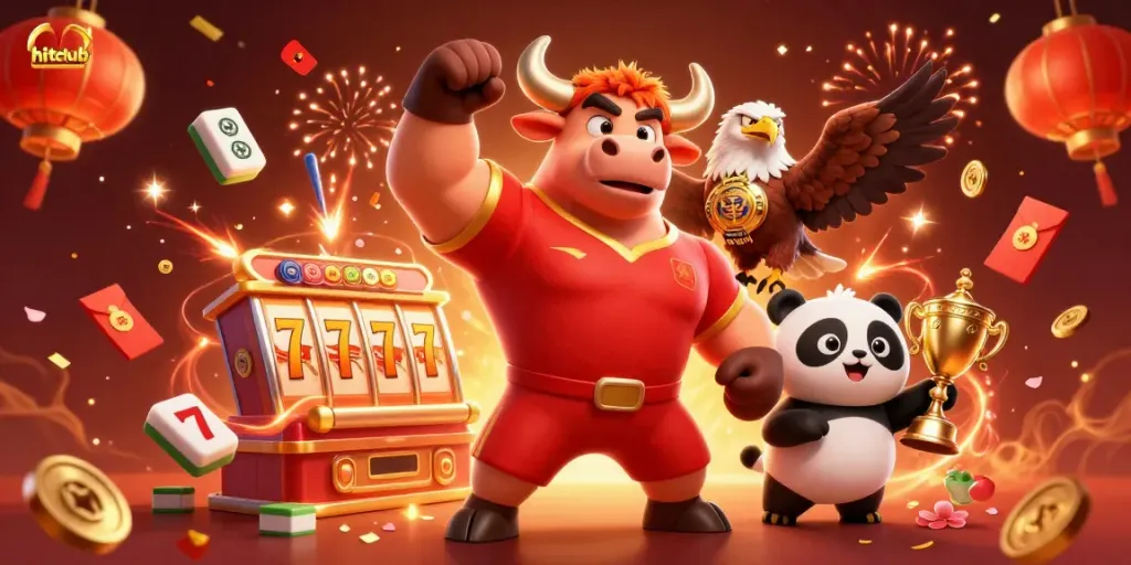 Play with hitclub's vibrant gaming scene featuring a victory pose bull mascot amidst slots and festive elements.