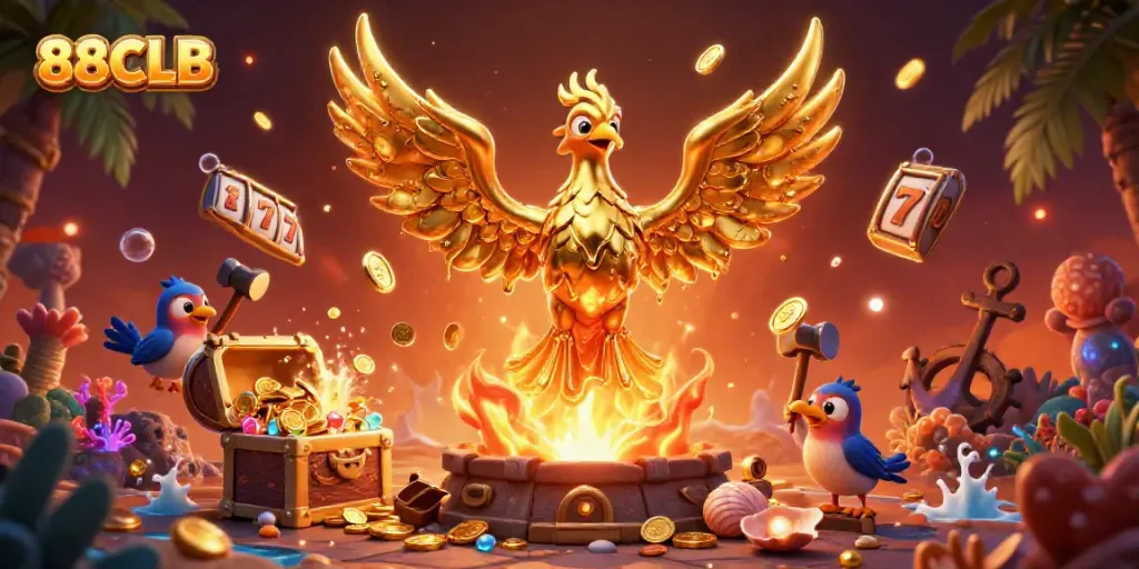 Experience exciting slots and jackpots at 88CLB with a golden phoenix and festive treasures!