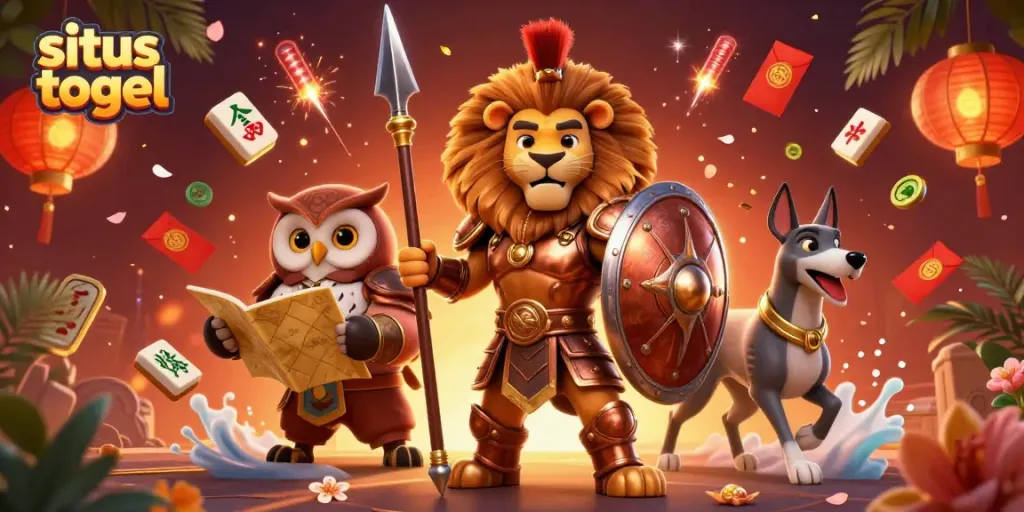 Experience excitement as the Spartan lion embodies situs togel gaming strategies amidst vibrant casino elements.