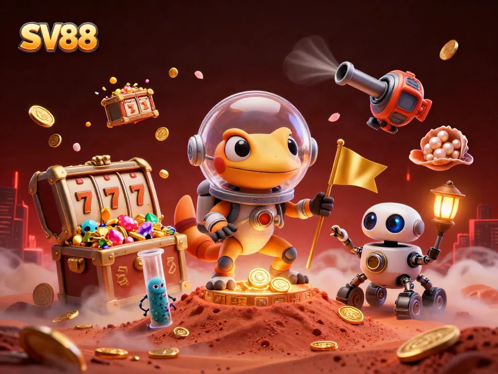 SV88 unveils a vibrant casino adventure with cartoon characters among slot machines and gold treasures.