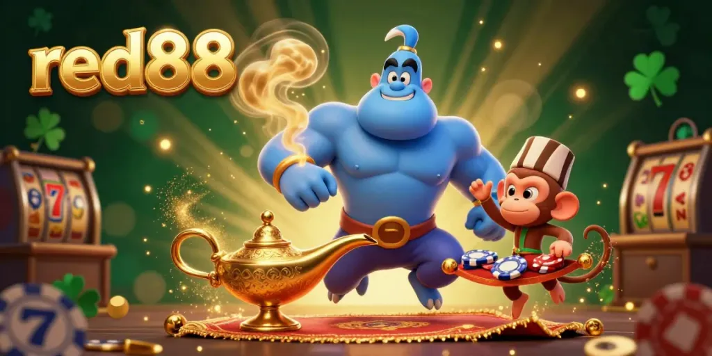 Engage with red88's magical casino atmosphere featuring a genie, poker chips, and golden treasures.