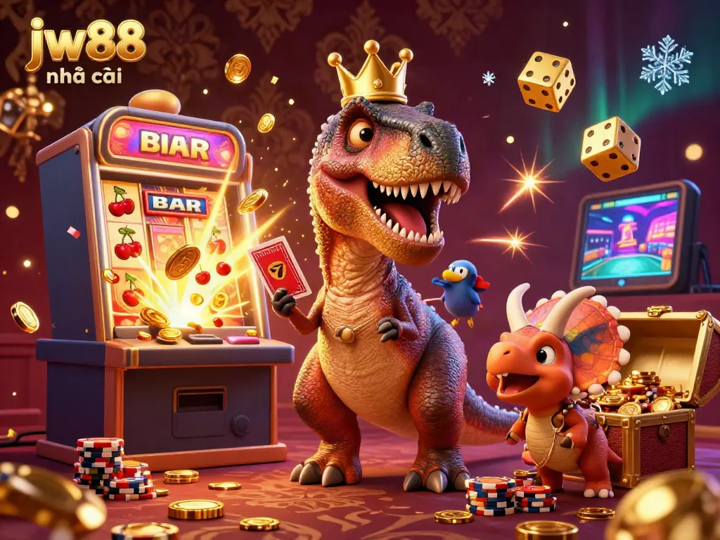 Engage with jw88 nhà cái in a vibrant 3D illustration featuring a charming T-Rex shuffling cards amid explosive casino elements.
