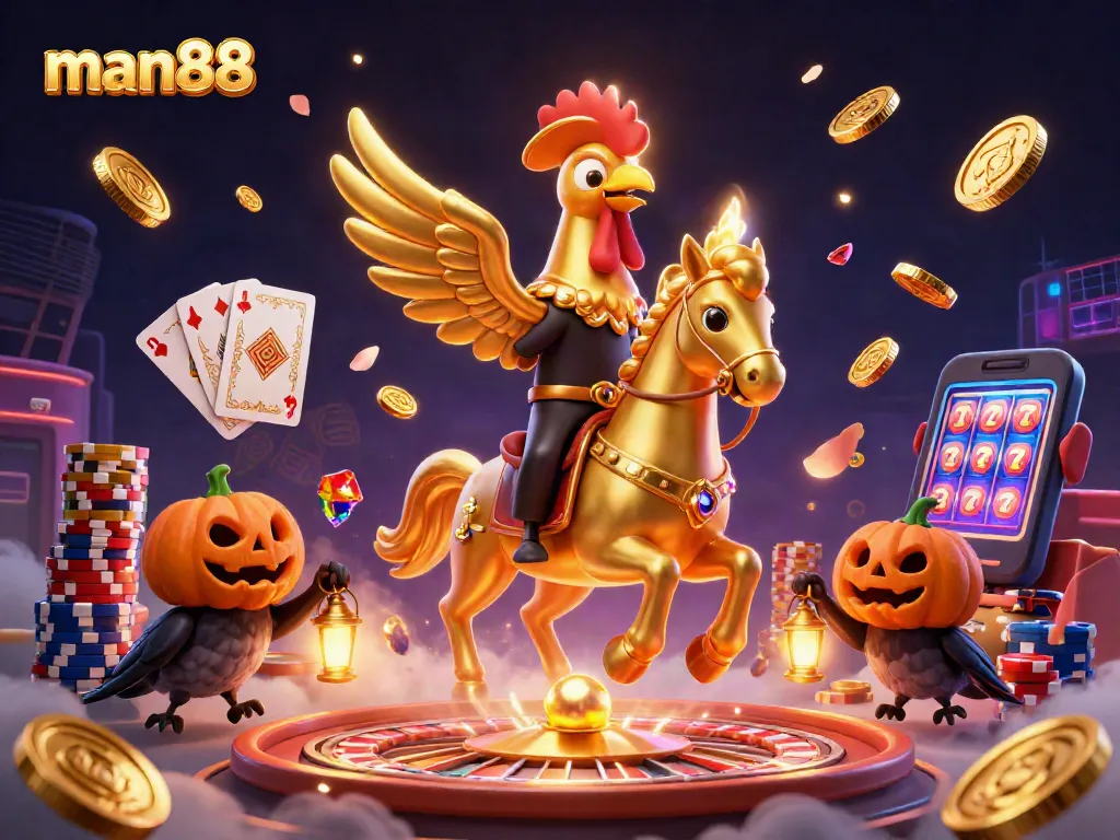 Experience excitement with man88 as the golden rooster and ghostly companions deliver thrilling casino action.