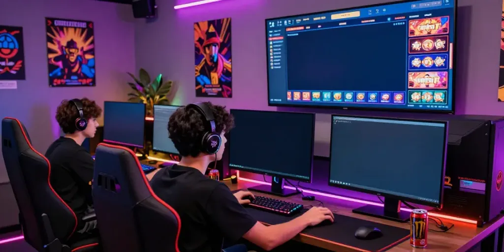 Exciting gameplay on a situs slot gacor platform with colorful LED lights and gaming equipment.
