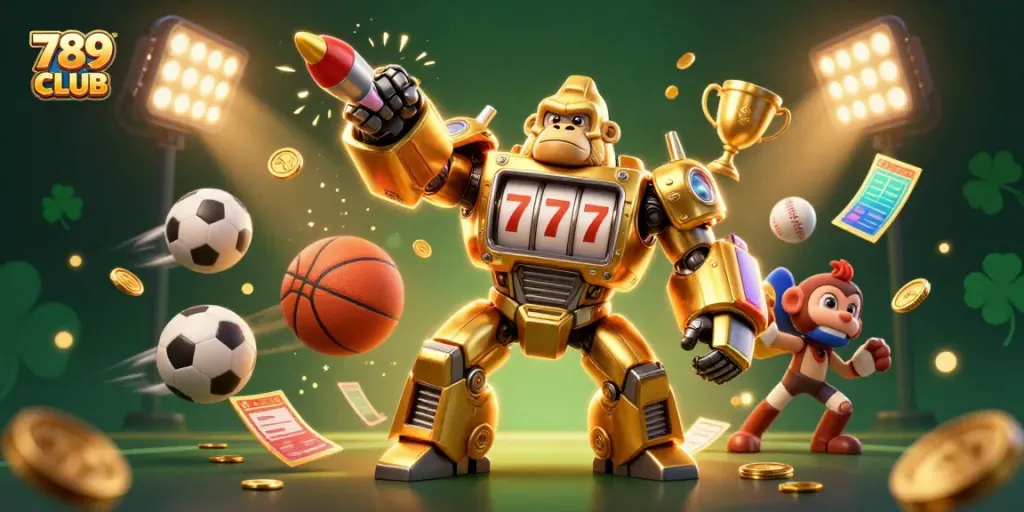 Experience high-stakes gaming with 789 CLUB's dynamic 3D casino scene featuring a mech and colorful sports elements.