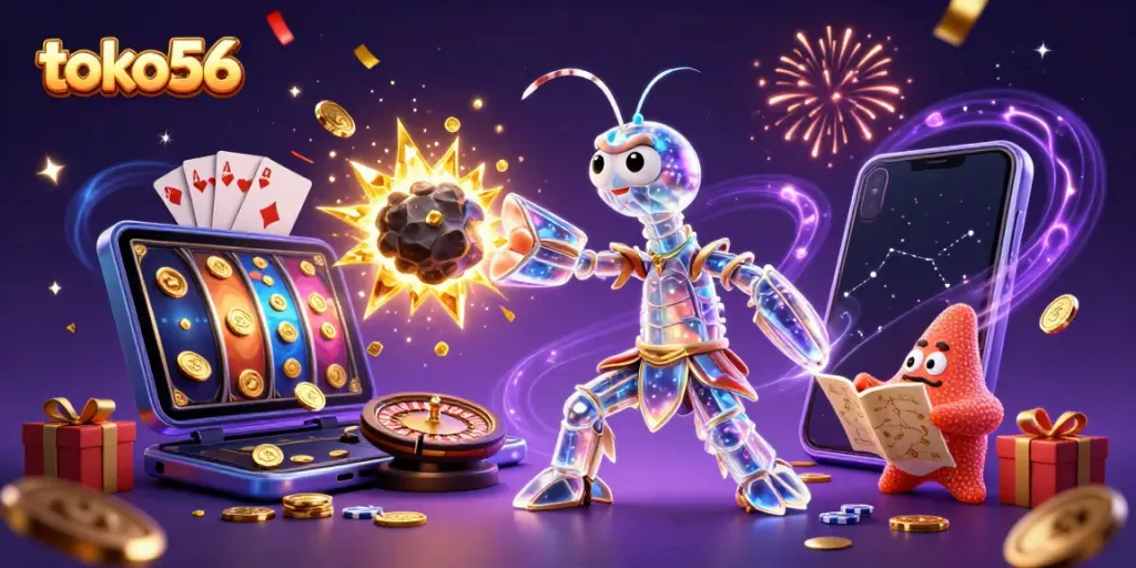 Engage with exciting slot games at toko56, featuring vibrant visuals of cosmic adventures and treasure!
