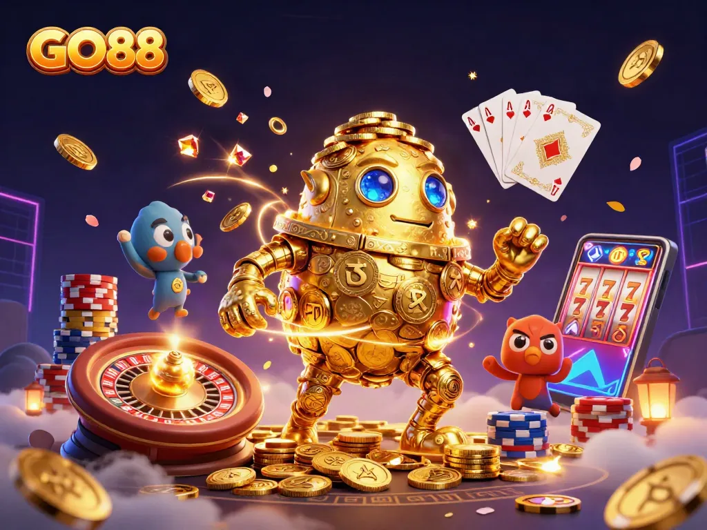 Experience GO88's captivating golden golem amidst dynamic casino elements and rich visual effects.