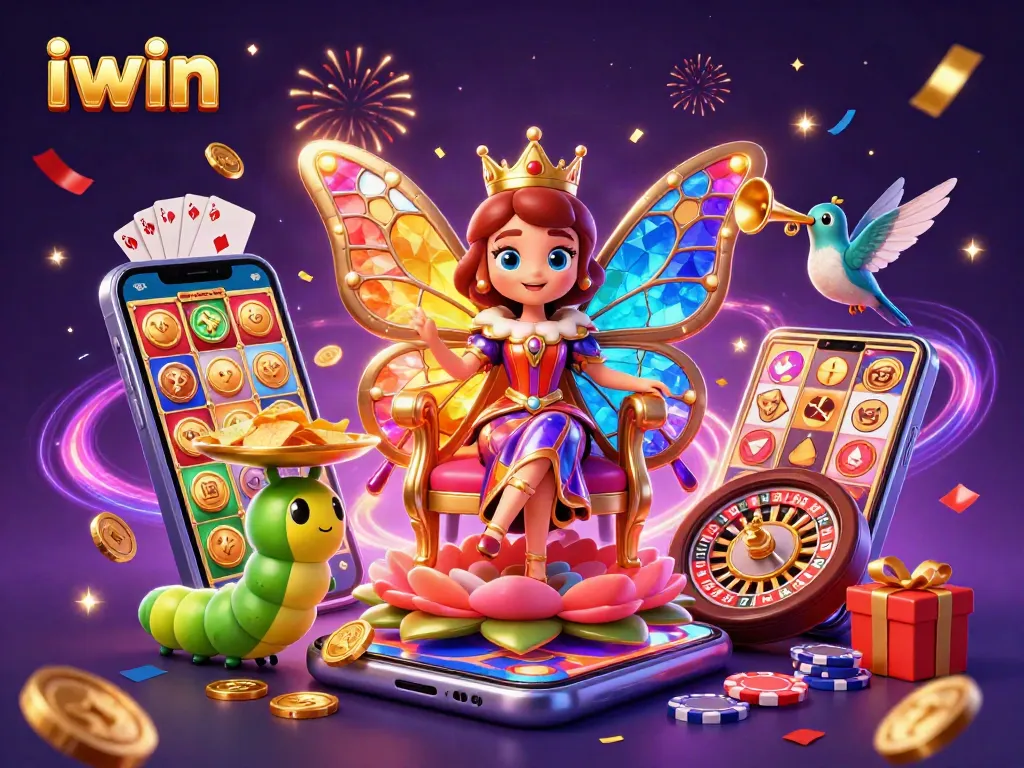 Experience the excitement of iwin with vibrant casino elements featuring a colorful butterfly queen.